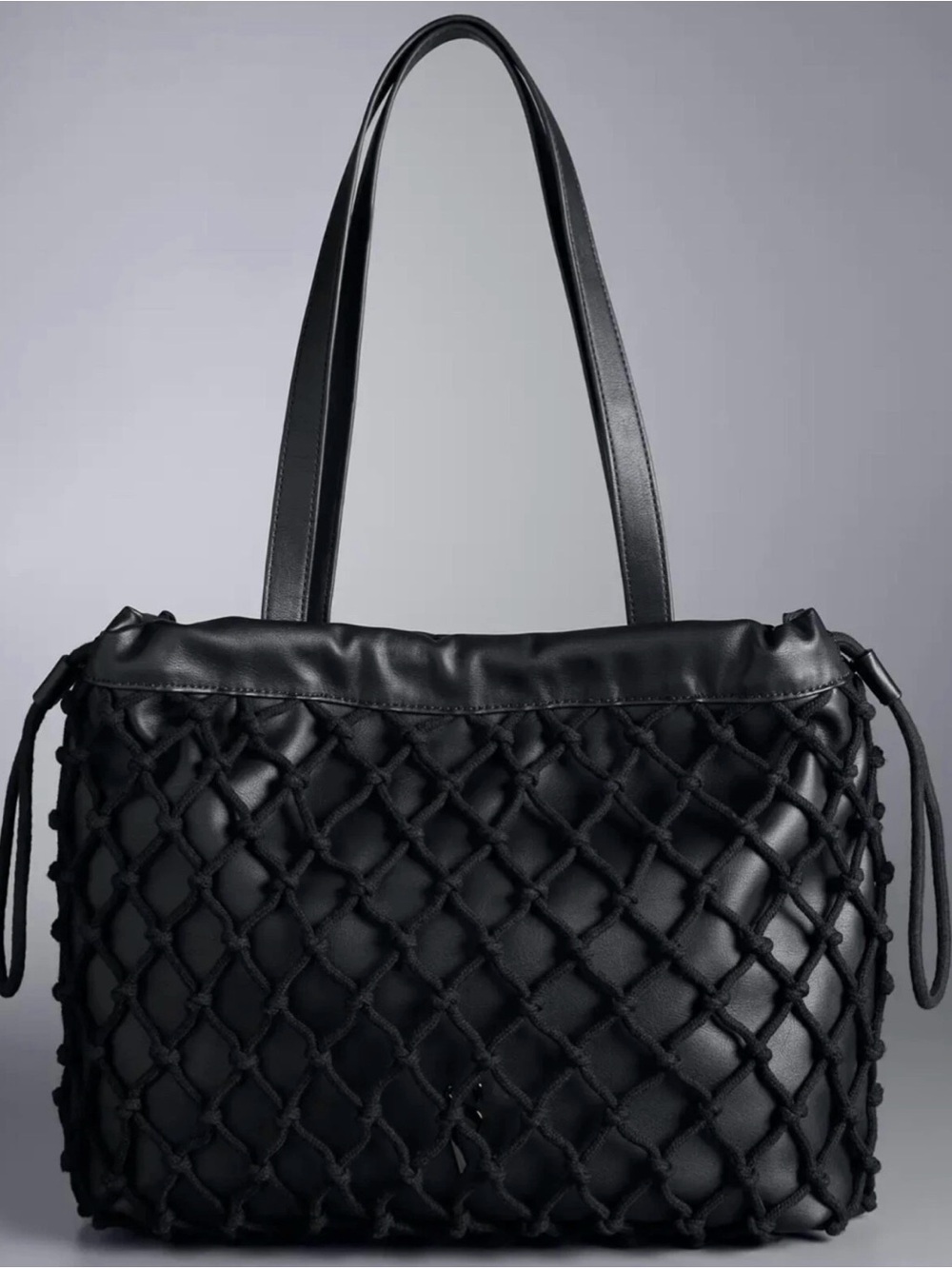 Classic Black Tote Bag with Knotted Net Detail